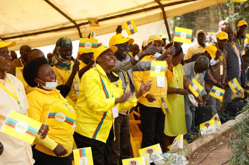 Supporters of the ruling NRM gesture inside the party headquarters in Kampala on June 28, 2025 as President Museveni arrives to pick nomination forms for his bid to contest a seventh presidential term. PHOTO/HANDOUT